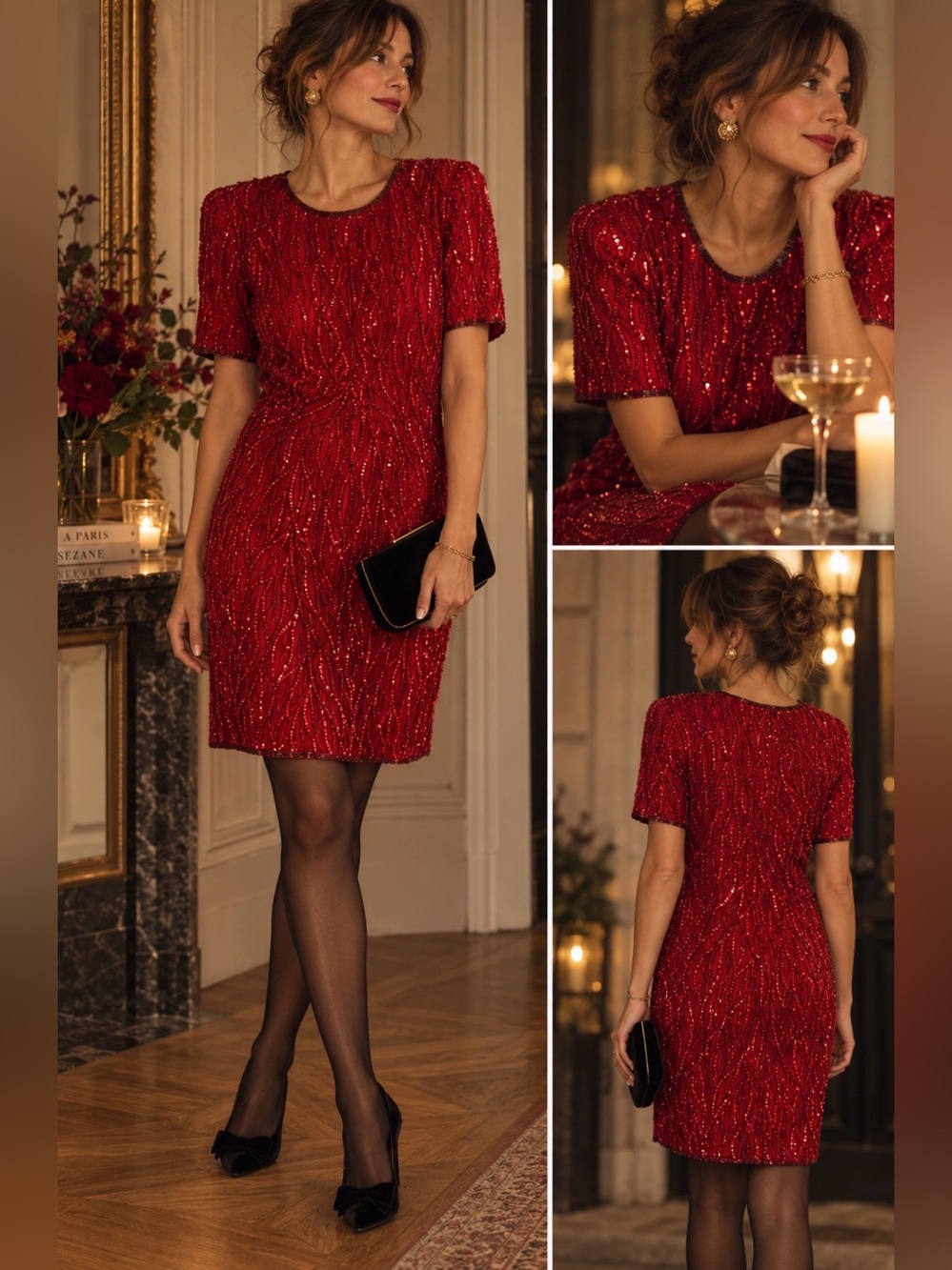 VTG Laurence Kazar Red Sequin Beaded Evening Dress 90s Holiday Cocktail Glam